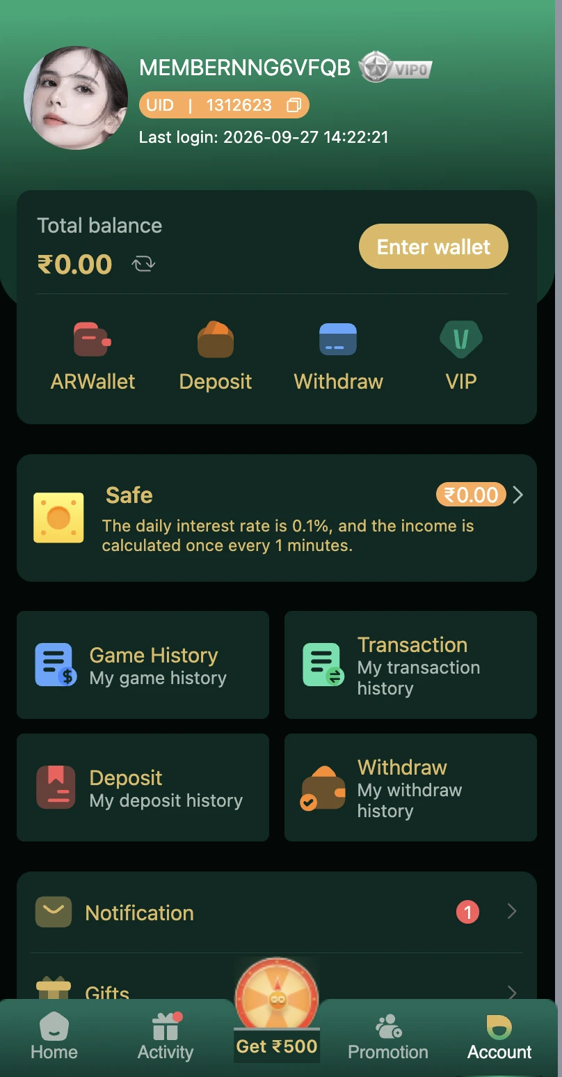 DM First account page showing Safe wallet with daily interest rate