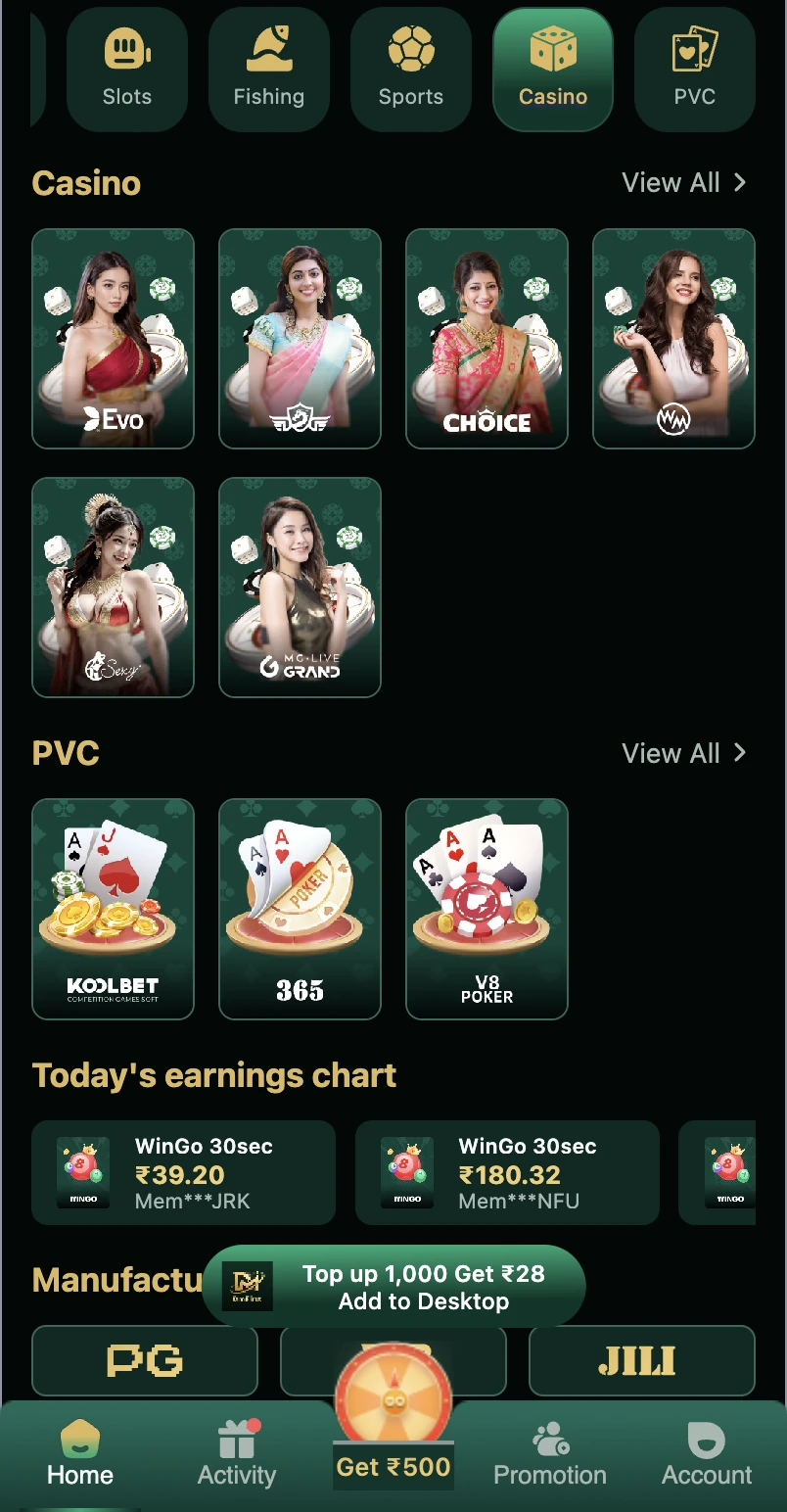 DM First live casino section with Evo, Choice and MG Live Grand dealers