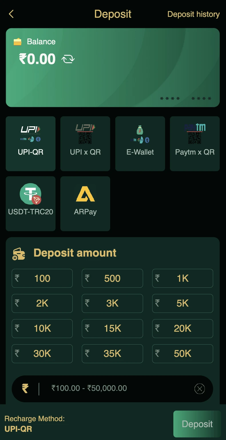 DM First deposit page with UPI, USDT, E-Wallet and Paytm options