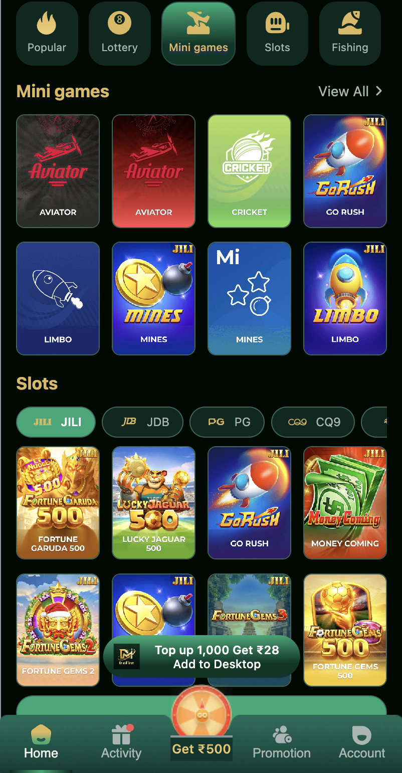 DM First mini games section with Aviator, Mines, Limbo, Cricket and Go Rush