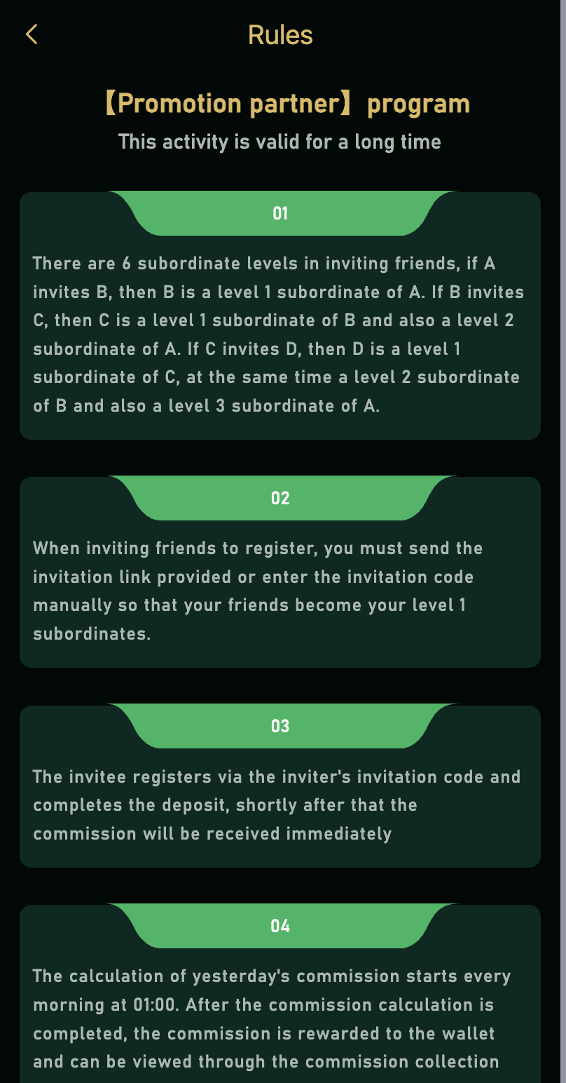 DM First promotion partner rules explaining 6 subordinate levels